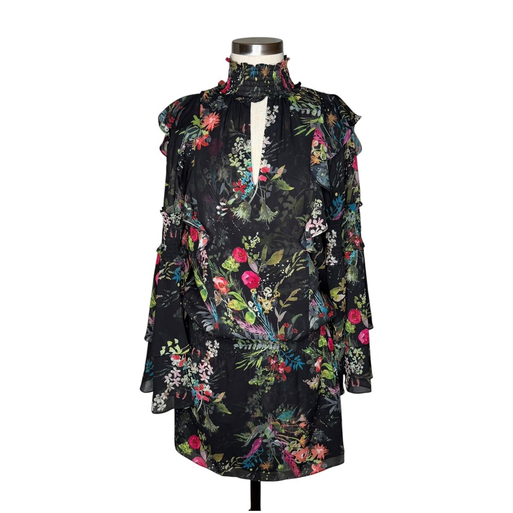 PARKER Alexia Mini Dress Black‎ Floral Ruffle Smocked Women's Size Small